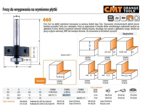 CMT FREZ HM H=9,5 D=34,9 I=12 L=53 S=8.. DO WRĘGOWANIA, WYMIENNE PŁYTKI.