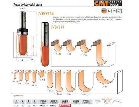 CMT FREZ HM R= 1,6 D=3,2 I=9,5 S=8 DO KORYTEK I CZASZ, DEKORACYJNY