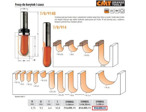 CMT FREZ HM R= 4,75 D=9,5 I=6,4 S=8 DO KORYTEK I CZASZ. - 2