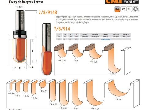 CMT FREZ HM R= 9,5 D=19 I=25 L=63,5 S=8. DO KORYTEK I CZASZ