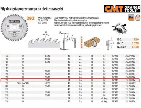 CMT PIŁA TARCZOWA HM 190x30x2,6/1,6 Z=64 CIĘCIE POPRZECZNE, WYKAŃCZAJĄCE
