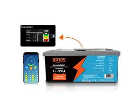 Akumulator LiFePO4 (litowo-żelazowo-fosforanowy) 12,8V 200Ah z układem BMS, wyświetlaczem LCD i Bluetooth