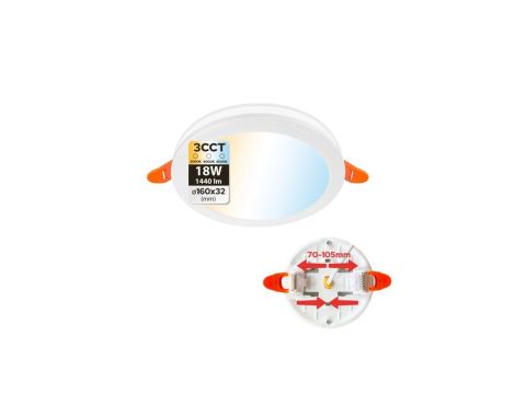 Oprawa podtynkowa downlight LED, 18W, 1440lm, IP20, 3CCT, okrągła, biała, PAULA HOROZ