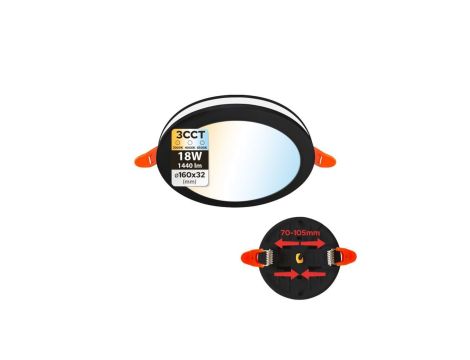 Oprawa podtynkowa downlight LED, 18W, 1440lm, IP20, 3CCT, okrągła, czarna, PAULA HOROZ