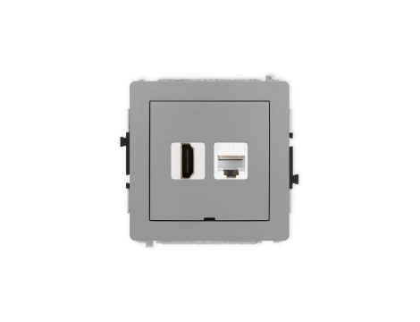 DECO Mechanizm gniazda HDMI 2.1, 8K + gniazda komp. poj. 1xRJ45, kat. 6A, 8-stykowy, bez pola opisowego szary mat 27DGHKBO-86A
