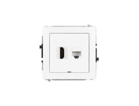DECO Mechanizm gniazda HDMI 2.0, 4K + gniazda komp. poj. 1xRJ45, kat. 6A, 8-stykowy, bez pola opisowego biały mat 25DGHKBO-46A