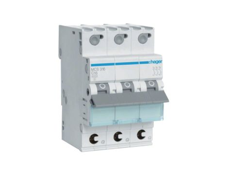 Wyłącznik nadprądowy S bezpiecznik 3-fazowy C16 (C 16A) 3-biegunowy 3P (230/400V AC) 3-modułowy Hager Quick Connect
