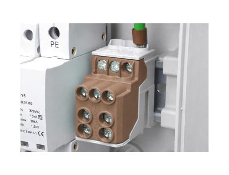 Blok rozdzielczy dystrybucyjny Al/Cu (max. 25mm2) na szynę TH35 brązowy SDB100 25 SIMBLOCK SIMET