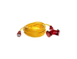 Przedłużacz elektryczny Kabel zasilający budowlany (N07V3V3-F) 3x1,5mm2 (wtyk / 2 gniazda z klapką) 16A IP44 żółty 20m PCE