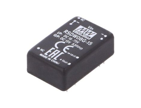 Przetwornica DC/DC, 8W, Uwej: 18...75 VDC, Uwyj: 15 VDC, Iwyj: 0...530mA RSDW08G-15