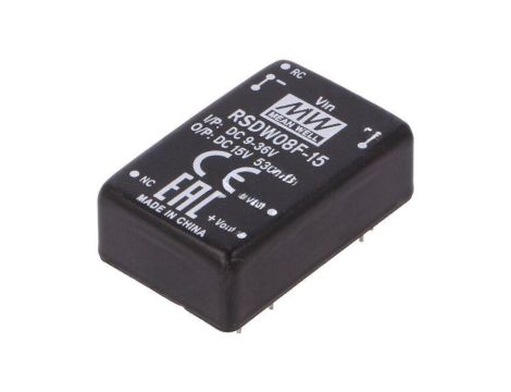 Przetwornica DC/DC, 8W, Uwej: 9...36 VDC, Uwyj: 15 VDC, Iwyj: 0...530mA RSDW08F-15
