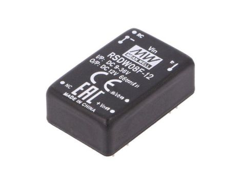 Przetwornica DC/DC, 8W, Uwej: 9...36 VDC, Uwyj: 12 VDC, Iwyj: 0...666mA RSDW08F-12