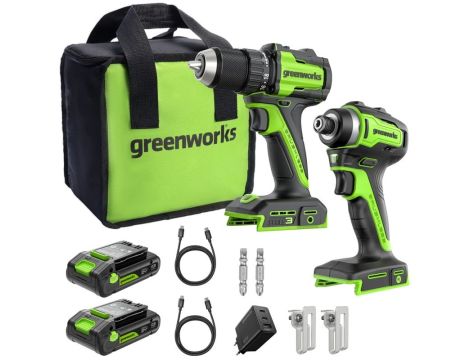 24V zestaw narzędzi Greenworks CK321 wkrętarka, zakrętarka, ładowarka, 2x aku 2Ah, futerał