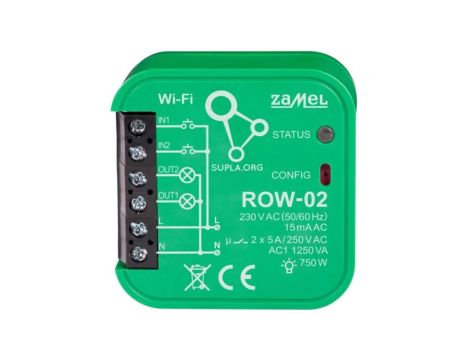 Inteligentny sterownik Wi-Fi 2-kanałowy do oświetlenia ROW-02 SUPLA ZAMEL Puszkowy2xNO 5A/250 VAC
