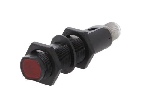 Czujnik fotoelektryczny, odbiciowy z reflektorem, z konfiguracją wyjścia PNP, max. 0,1A, M12 męski, IP67, BOS 18KF-PA-1TB-S4-C