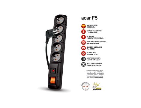 Przedłużacz przeciwprzepięciowy 5-gniazd z/u ACAR F5 1,5m czarny