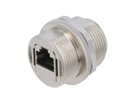 Złącze RJ45, żeńskie, łącznik, proste, okrągłe, ilość pinów: 8, ekranowane, kat 5e, 8p8c, IP67 17-100934