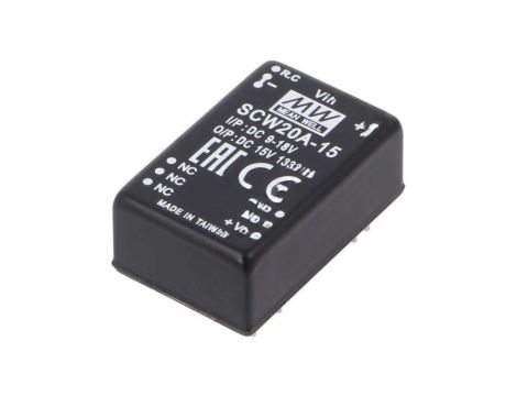 Przetwornica DC/DC, 20W, Uwej: 9...18 VDC, Uwyj: 15 VDC, Iwyj: 1333mA SCW20A-15