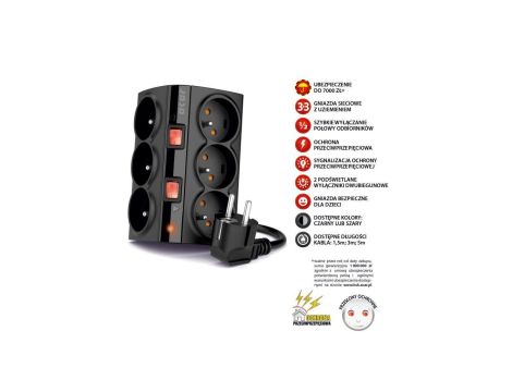 Przedłużacz przeciwprzepięciowy 6-gniazd z/u ACAR SMART 1,5m czarny
