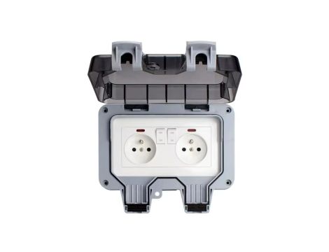 Gniazdo hermetyczne podwójne 16A 250V jasnoszare z bolcem z wyłącznikiem GH.W2.FR.SL