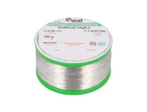 Cyna bezołowiowe, Sn99Cu0,7Ag0,3, 250um, 250g, szpula, 216...227C SN99CU07AG03-1.1.3/0.25MM 250G