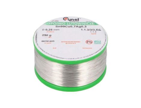 Cyna bezołowiowe, Sn99Cu0,7Ag0,3, 250um, 250g, szpula, 216...227C SN99CU07AG03-1.1.3/0.25MM 250G