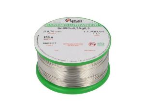 Cyna bezołowiowe, Sn99Cu0,7Ag0,3, 700um, 250g, szpula, 216...227C SN99CU07AG03-1.1.3/0.7MM 250G
