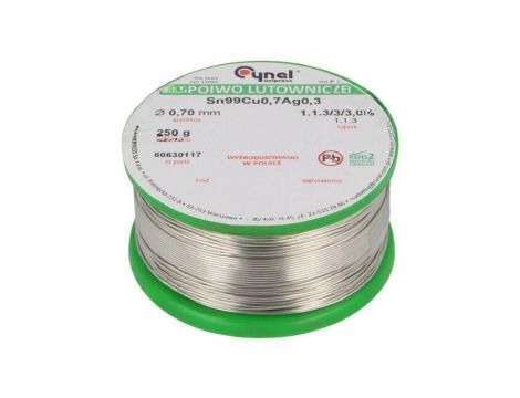 Cyna bezołowiowe, Sn99Cu0,7Ag0,3, 700um, 250g, szpula, 216...227C SN99CU07AG03-1.1.3/0.7MM 250G
