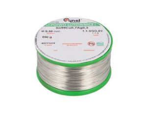 Cyna bezołowiowe, Sn99Cu0,7Ag0,3, 500um, 250g, szpula, 216...227C SN99CU07AG03-1.1.3/0.5MM 250G