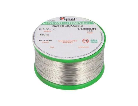 Cyna bezołowiowe, Sn99Cu0,7Ag0,3, 500um, 250g, szpula, 216...227C SN99CU07AG03-1.1.3/0.5MM 250G