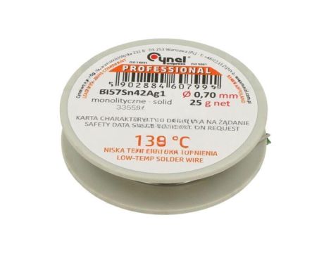Cyna bezołowiowe, Bi57Sn42Ag1, 0,7mm, 25g, szpula, 138C BI57SN42AG1-B/T Ø 0.70 25 G