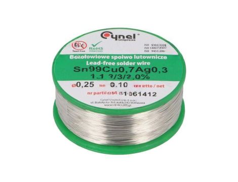 Cyna bezołowiowe, Sn99Cu0,7Ag0,3, 0,25mm, 100g, szpula, 216...227C SN99CU07AG03-1.1.3/0.25MM 100G