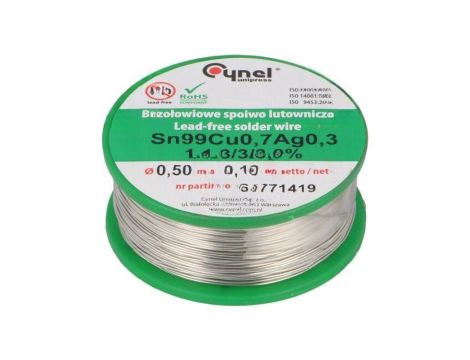 Cyna bezołowiowe, Sn99Cu0,7Ag0,3, 500um, 100g, szpula, 216...227C SN99CU07AG03-1.1.3/0.5MM 100G