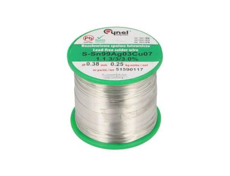 Cyna bezołowiowe, Sn99Cu0,7Ag0,3, 380um, 250g, szpula, 216...227C SN99CU07AG03-1.1.3/0.38MM 250G