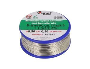 Cyna bezołowiowe, Sn99Cu0,7Ag0,3, 560um, 100g, szpula, 216...227C SN99CU07AG03-1.1.3/0.56MM 100G