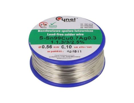 Cyna bezołowiowe, Sn99Cu0,7Ag0,3, 560um, 100g, szpula, 216...227C SN99CU07AG03-1.1.3/0.56MM 100G
