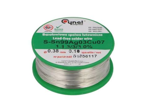 Cyna bezołowiowe, Sn99Cu0,7Ag0,3, 380um, 100g, szpula, 216...227C SN99CU07AG03-1.1.3/0.38MM 100G