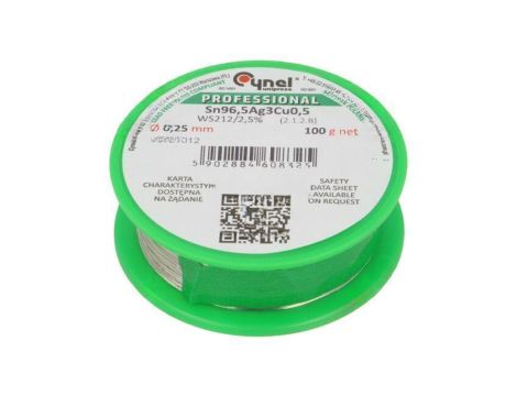 Cyna bezołowiowe, Sn96,5Ag3Cu0,5, 0,25mm, 100g, szpula, 217...220C SN96,5AG3CU0,5-WS212/2,50.25 100 G