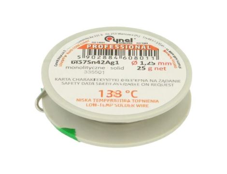 Cyna bezołowiowe, Bi57Sn42Ag1, 1,25mm, 25g, szpula, 138C BI57SN42AG1-B/T Ø 1.25 25 G
