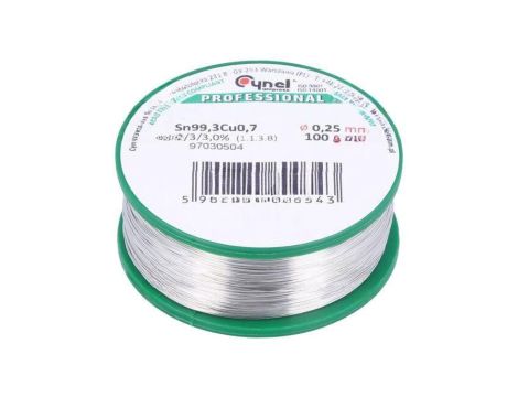 Cyna bezołowiowe, Sn99,3Cu0,7, 0,25mm, 100g, szpula, 227C, 3 SN99C-0.25/0.1