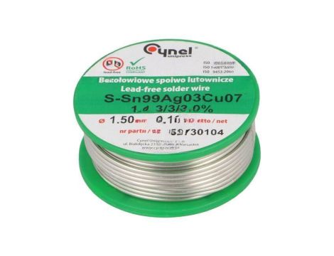 Cyna bezołowiowe, Sn99Cu0,7Ag0,3, 1,5mm, 100g, szpula, 216...227C SN99CU07AG03-1.1.3/1.5MM 100G