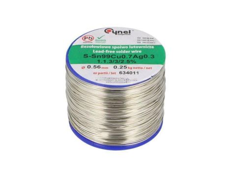 Cyna bezołowiowe, Sn99Cu0,7Ag0,3, 0,56mm, 250g, szpula, 216...227C SN99CU07AG03-1.1.3/0.56MM 250G