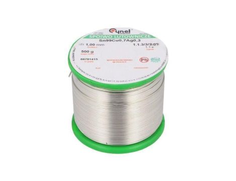 Cyna bezołowiowe, Sn99Cu0,7Ag0,3, 1mm, 500g, szpula, 216...227C, 3 SN99CU07AG03-1.1.3/1.0MM 500G