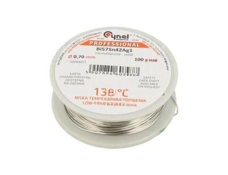 Cyna bezołowiowe, Bi57Sn42Ag1, 0,7mm, 100g, szpula, 138C BI57SN42AG1-B/T Ø 0.70 100 G