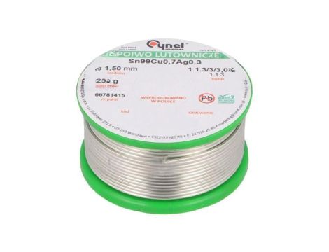 Cyna bezołowiowe, Sn99Cu0,7Ag0,3, 1,5mm, 250g, szpula, 216...227C SN99CU07AG03-1.1.3/1.5MM 250G