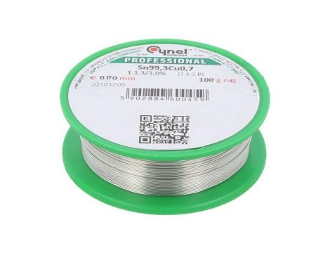 Cyna bezołowiowe, Sn99,3Cu0,7, 0,5mm, 100g, szpula, 227C, 3 SN99C-0.5/0.1