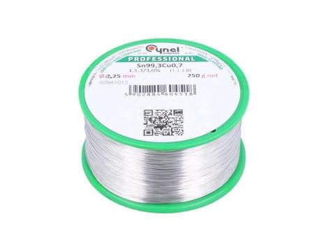 Cyna bezołowiowe, Sn99,3Cu0,7, 0,25mm, 250g, szpula, 227C, 3 SN99CU1-0.25MM/0.25KG