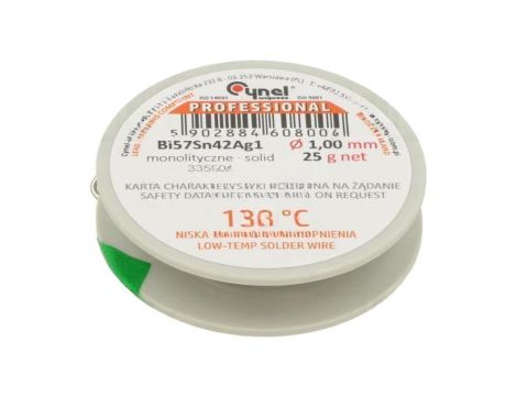Cyna bezołowiowe, Bi57Sn42Ag1, 1mm, 25g, szpula, 138C BI57SN42AG1-B/T Ø 1.00 25 G