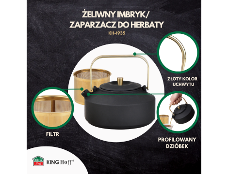 KINGHOFF IMBRYK ŻELIWNY Z SITKIEM 1L CZARNY ZE ZŁOTYMI ELEMENTAMI, EMALIOWANE WNĘTRZE - 2