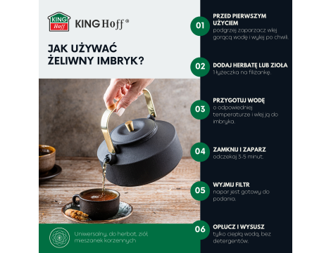 KINGHOFF IMBRYK ŻELIWNY Z SITKIEM 1L CZARNY ZE ZŁOTYMI ELEMENTAMI, EMALIOWANE WNĘTRZE - 4